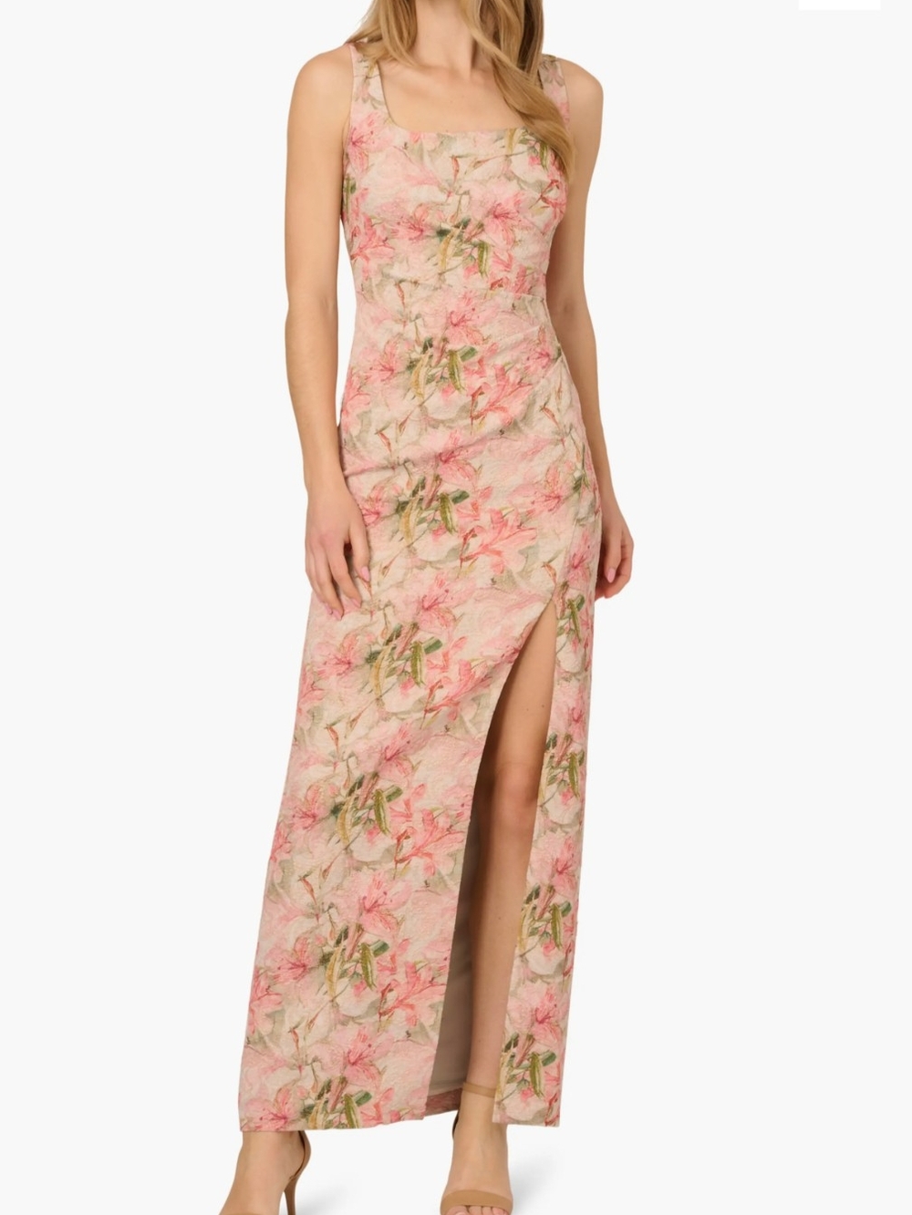 Adrianna Papell Pink Floral Square-Neck Maxi Dress with Side Slit